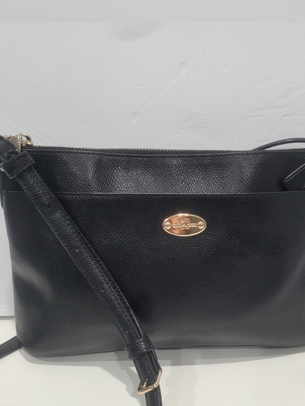 Coach Black Pebbled Leather Crossbody with Gold Oval Logo